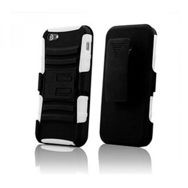 Wholesale iPhone 5 Silicon+PC Dual Hybrid Case with Stand and Holster Clip (Black-White)